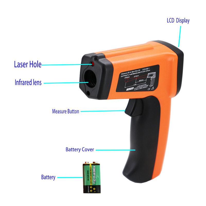 Teplotní pistole Infračervený teploměr Digitální nástroj Kapesní s Laser Sight Přesné zobrazení baterie